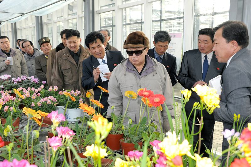 Великий Ким Чен Ир и уважаемый Ким Чен Ын руководят на
месте делами Пхеньянского НИИ цветоводства. Март 100 г. чучхе (2011).