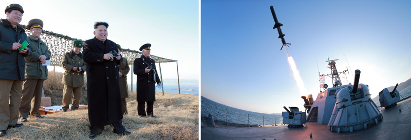 Уважаемый товарищ Ким Чен Ын наблюдает за испытательным запуском противокорабельной ракеты новой модели. Февраль 2015 года.