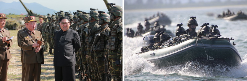Уважаемый товарищ Ким Чен Ын на соревнованиях войск спецназа КНА по нанесению удара по объектам для захвата острова. Август 2017 года.