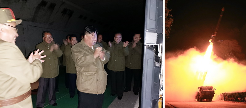 Уважаемый товарищ Ким Чен Ын руководит на месте испытательным запуском стратегической крылатой ракеты большой дальности. Октябрь 2022 года.