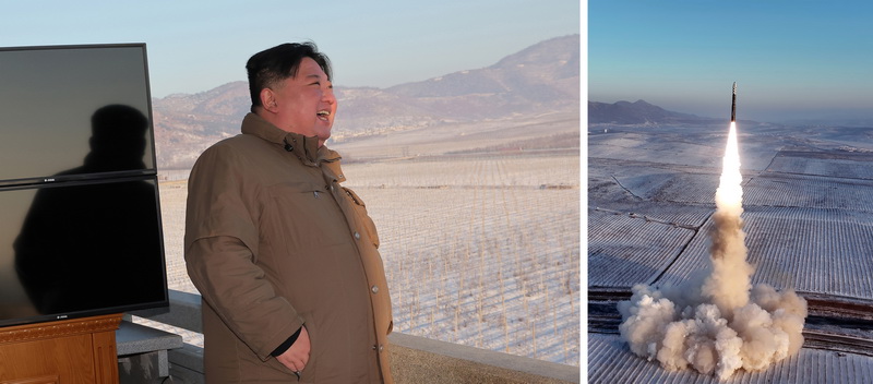Уважаемый товарищ Ким Чен Ын наблюдает на месте за учениями по запуску МБР «Хвасонпхо-18». Декабрь 2023 года.