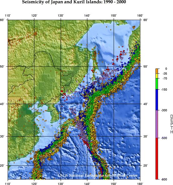 Японско-Курило-Камчатская зона субдукции, цветом обозначены глубины землетрясений. Видно как зона контакта плит заглубляется до 500—800 километров